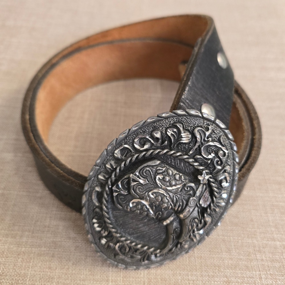 Vintage Mens EJC‎ 1995 Western Cowboy Belt Leather Brown Boots Buckle Made USA